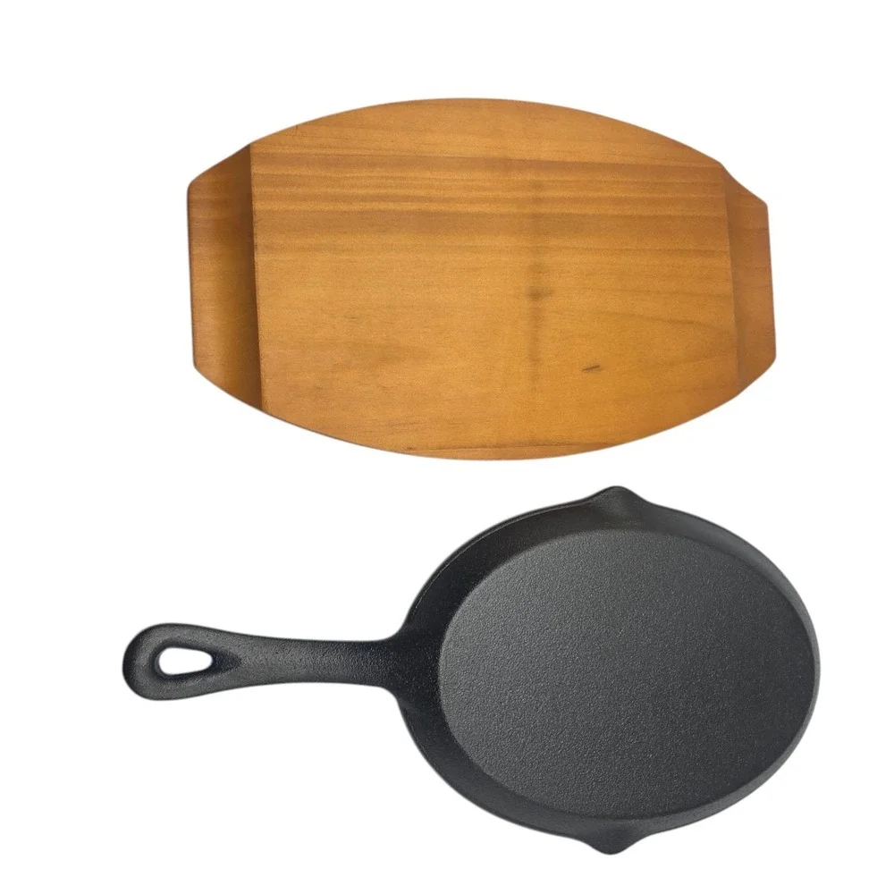 Masterclass Cookware 3pc Cast Iron Pan Fajita Set Wooden Trivet And Handle Mitt